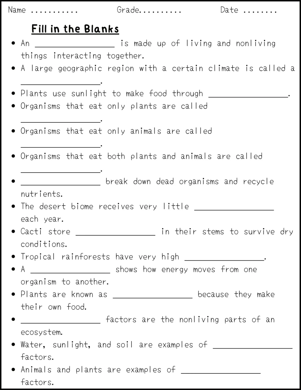 Fill in the blanks: students complete 15 sentences with ecosystem vocabulary like photosynthesis, herbivores and abiotic