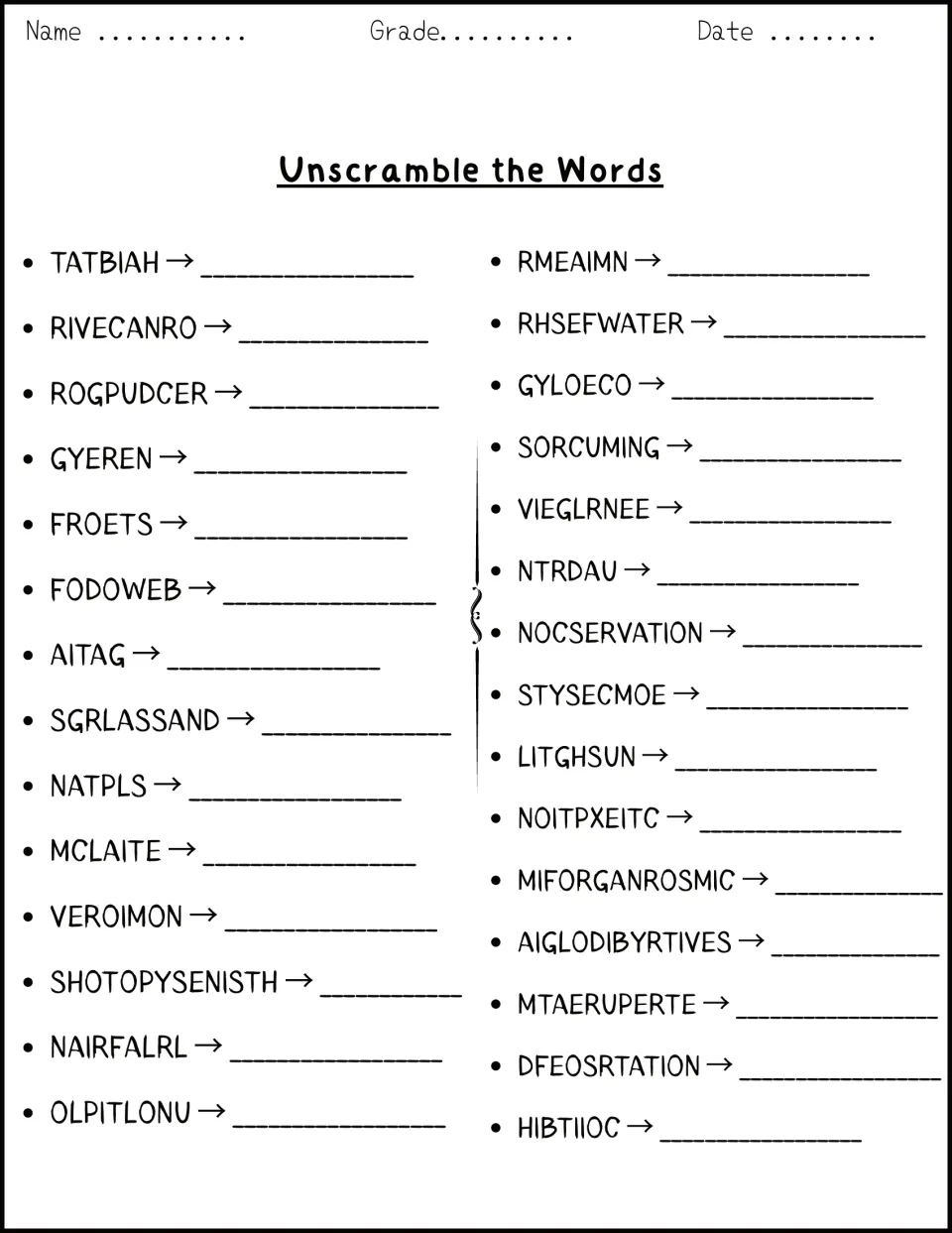 Unscramble the Words: students rewrite 30 scrambled ecosystem terms such as TATBIAH, NTRDAU and SHOTOPYSENISTH
