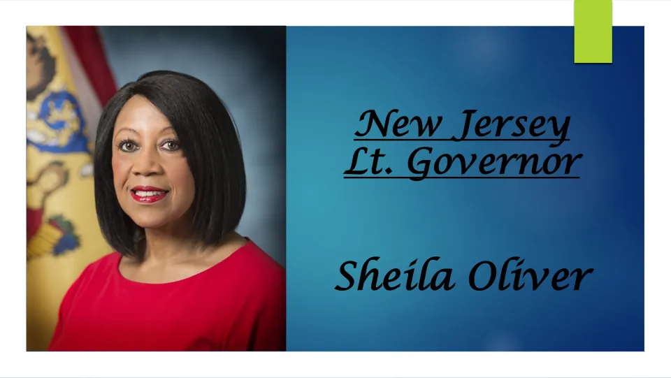 Biography title slide introducing Sheila Oliver as New Jersey lieutenant governor, with her portrait
