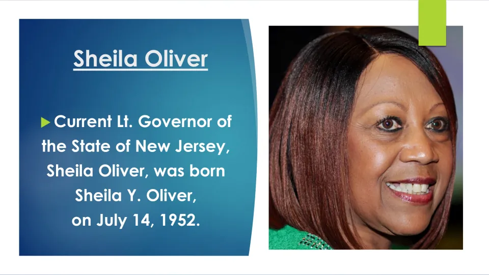 Biographical slide giving Sheila Oliver’s birth name as Sheila Y. Oliver and birth date as July 14, 1952