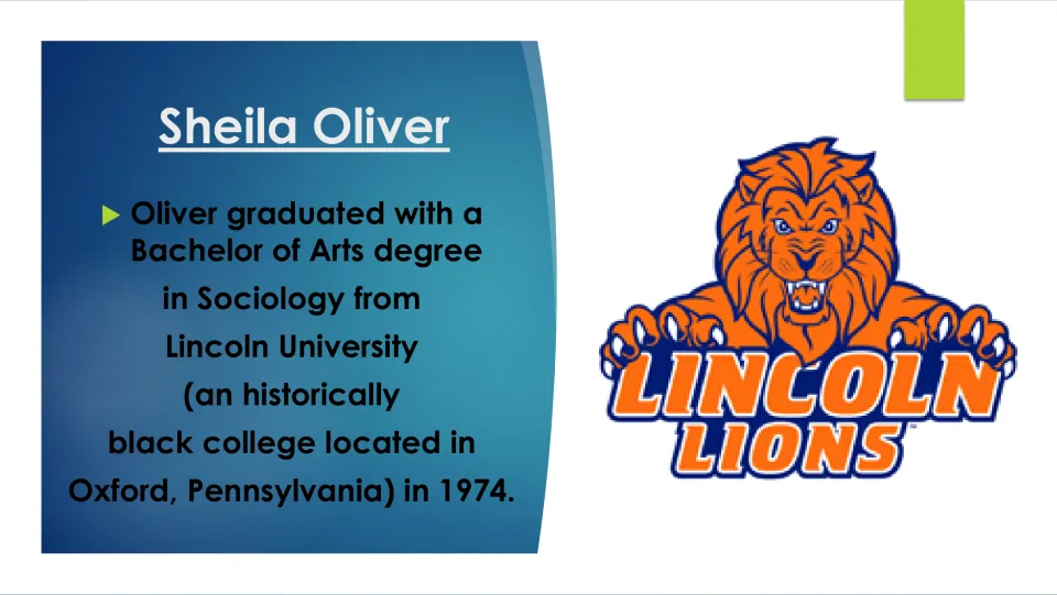 Education slide describing Sheila Oliver’s 1974 Bachelor of Arts degree in sociology from Lincoln University