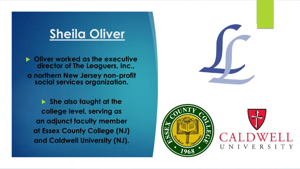 Career slide covering Sheila Oliver’s leadership at The Leaguers, Inc., and teaching at Essex County and Caldwell