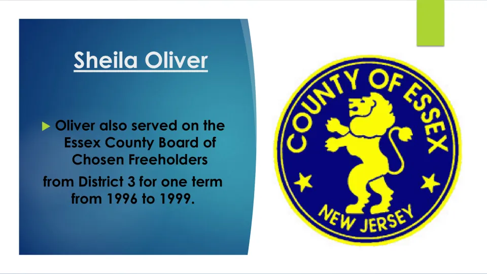 Public service slide on Sheila Oliver’s 1996–1999 term representing District 3 on the Essex County freeholder board