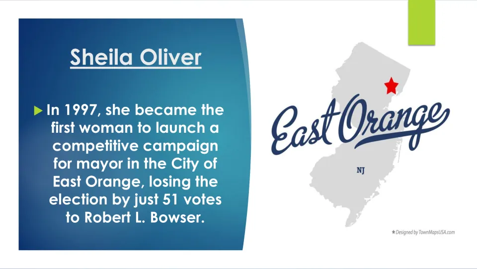 Political career slide on Sheila Oliver’s 1997 East Orange mayoral campaign and 51-vote loss to Robert L. Bowser