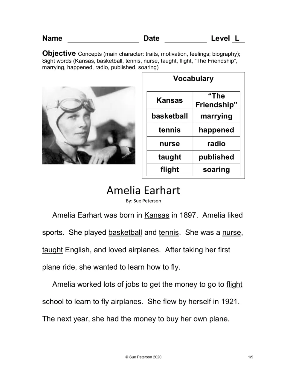 Biography reading, part 1: Amelia's birth in Kansas, sports, jobs and flight school, plus a 12-word vocabulary list