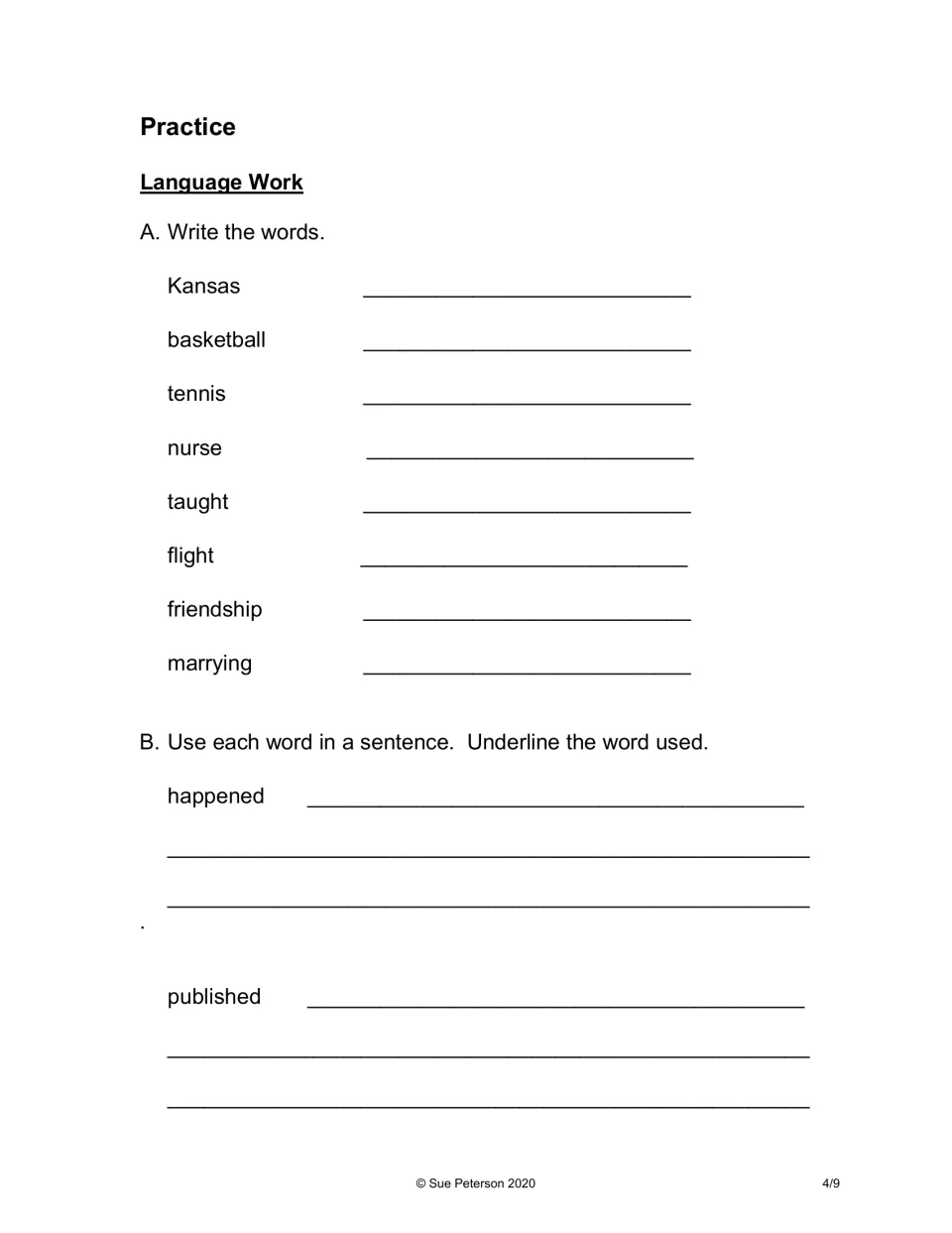 Vocabulary practice: students copy 8 words like Kansas and nurse, then write sentences using happened and published