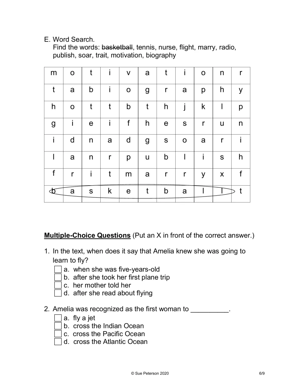 Word search for 11 story words like motivation and biography, then two multiple-choice questions about the story