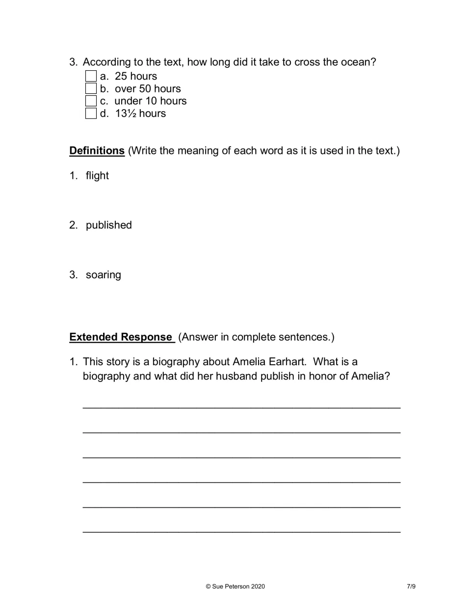 Comprehension: an ocean-crossing time question, defining flight, published and soaring in context, and what a biography is