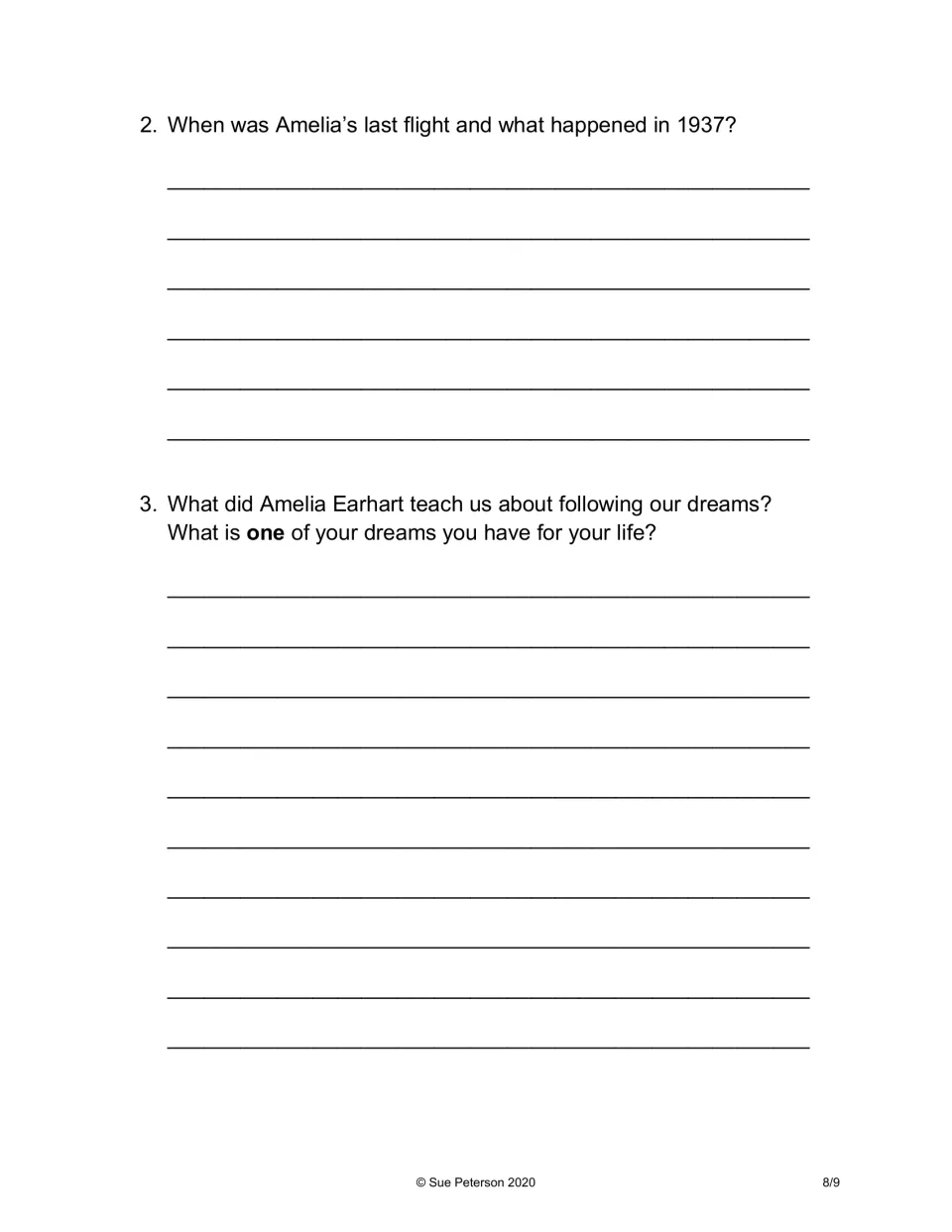 Written response: students explain Amelia's last flight, what she taught about dreams, and share one dream of their own