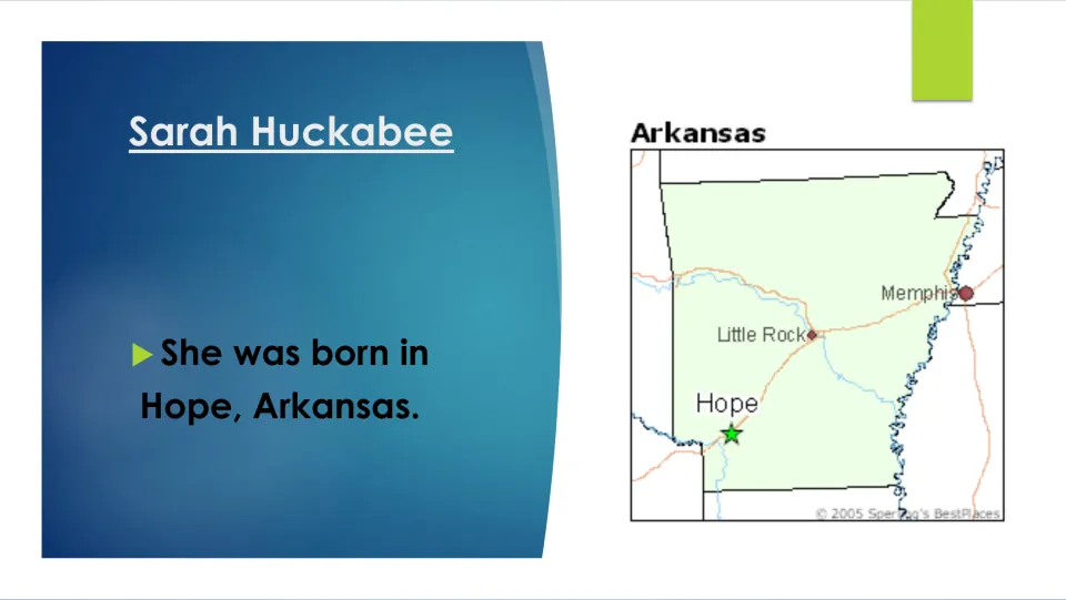 Biography slide identifying Hope, Arkansas, as Sarah Huckabee Sanders's birthplace, with a map marking Hope