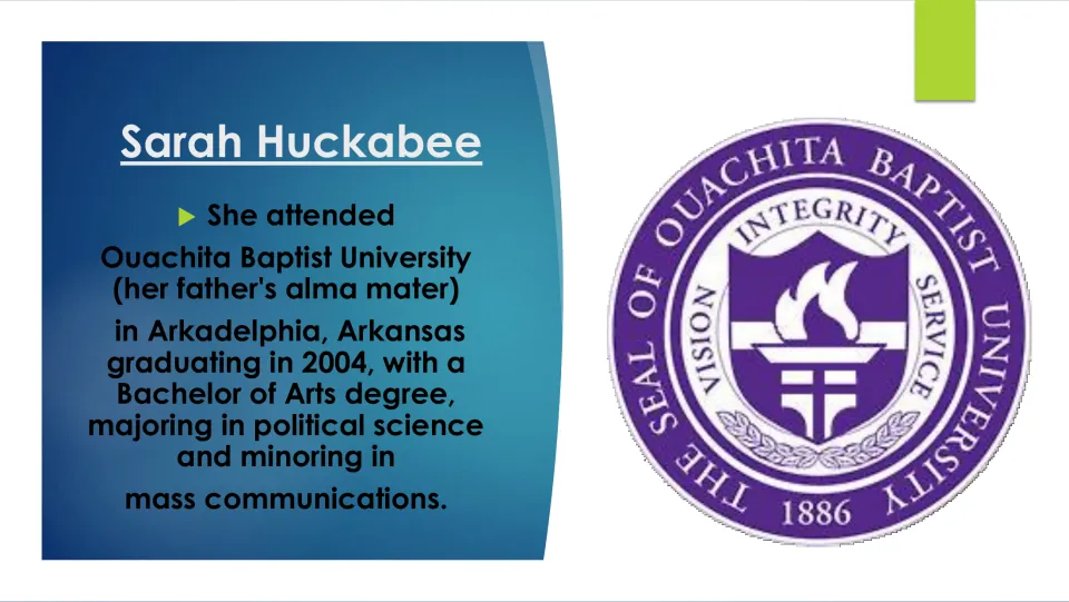 Biography slide covering Sanders's 2004 Ouachita Baptist University degree, with a political science major