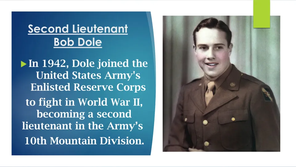 Biography slide on Dole joining the Army's Enlisted Reserve Corps in 1942 and becoming a second lieutenant