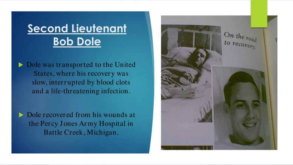 Biography slide on Dole's slow recovery, blood clots, infection, and treatment at Percy Jones Army Hospital