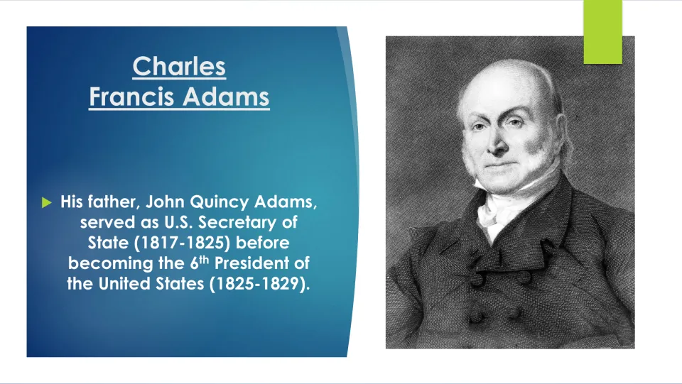 Family biography slide covering John Quincy Adams' service as secretary of state and sixth U.S. president