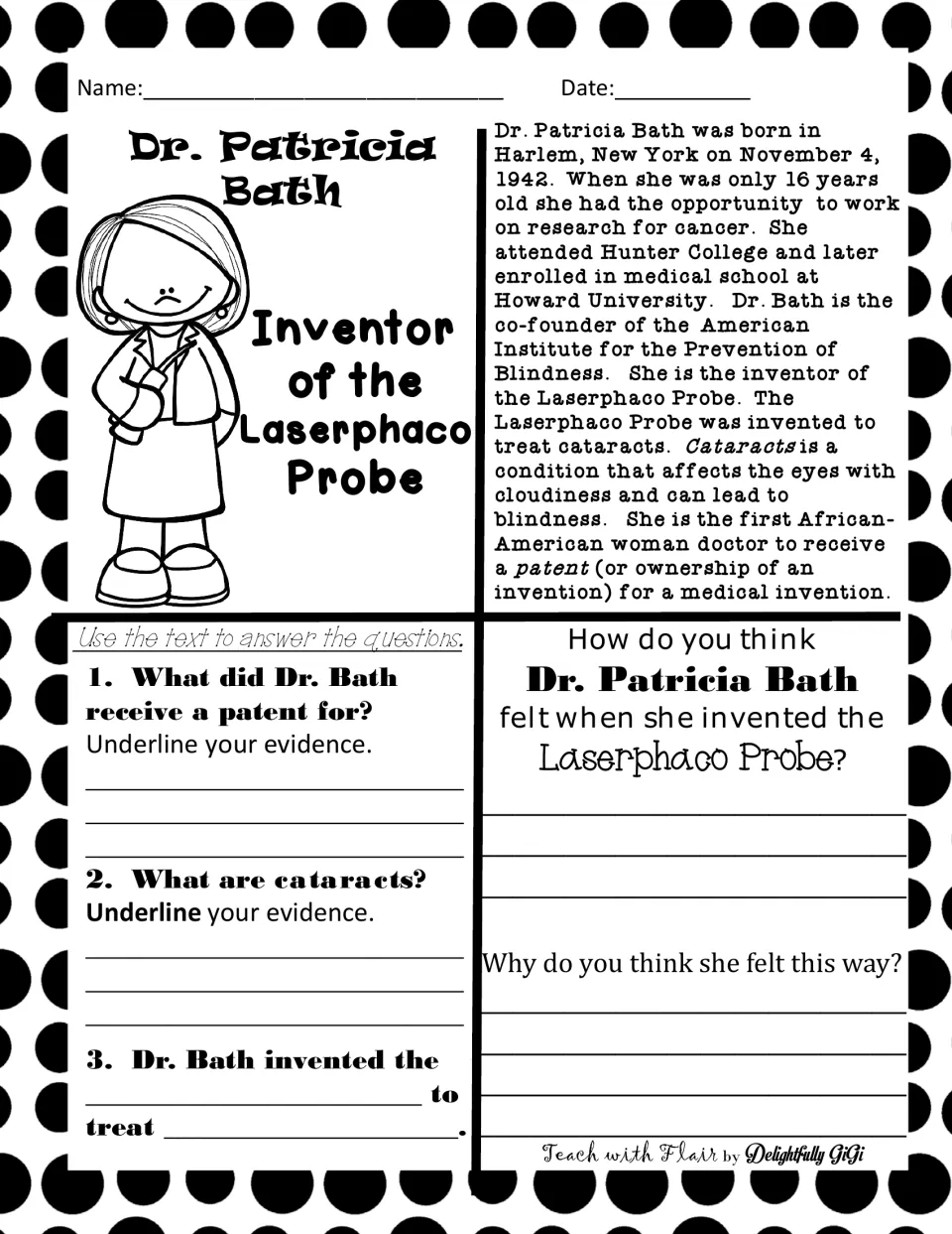Dr. Patricia Bath, Laserphaco Probe inventor: students read her bio, answer evidence questions and infer her feelings