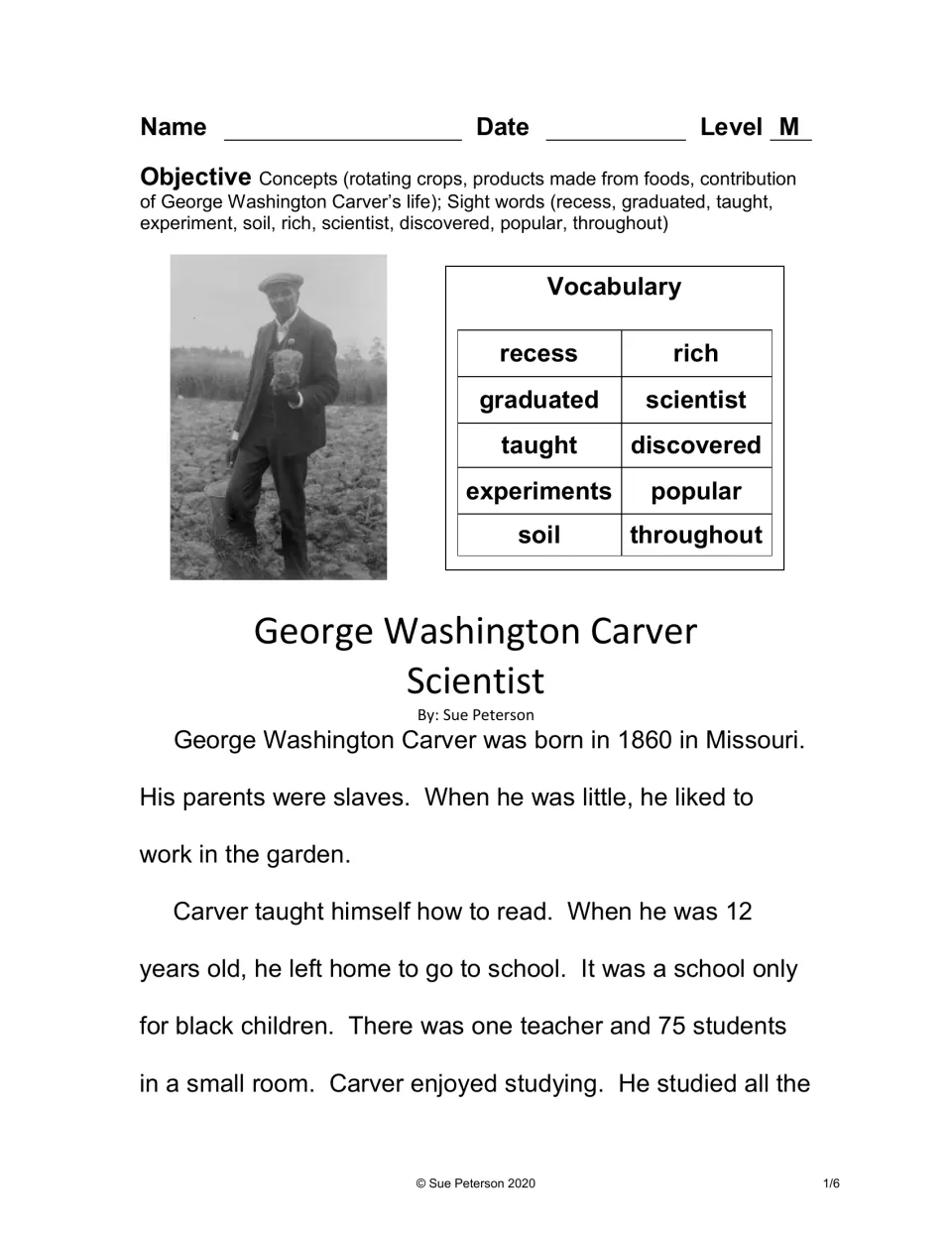 Carver biography opening: 10 vocabulary words, then his 1860 Missouri birth, teaching himself to read and early school