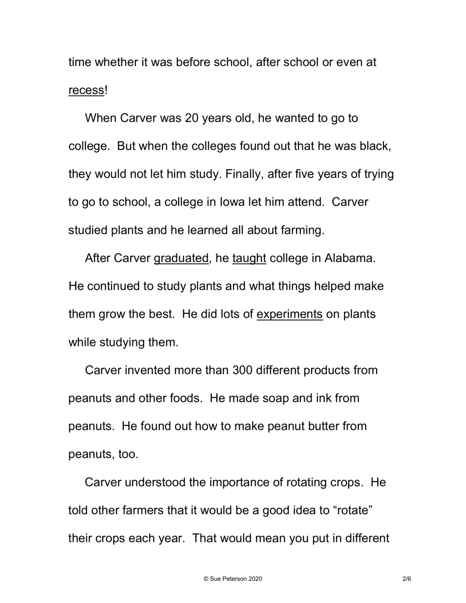 Carver reading passage, part 2: college in Iowa, teaching in Alabama, 300 products from peanuts and foods, crop rotation