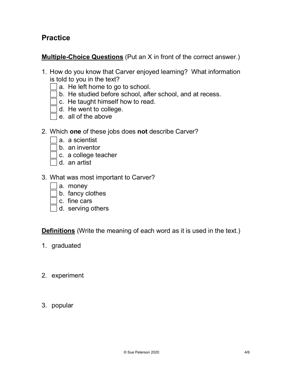 Carver comprehension practice: students mark 3 multiple-choice answers and define graduated, experiment and popular