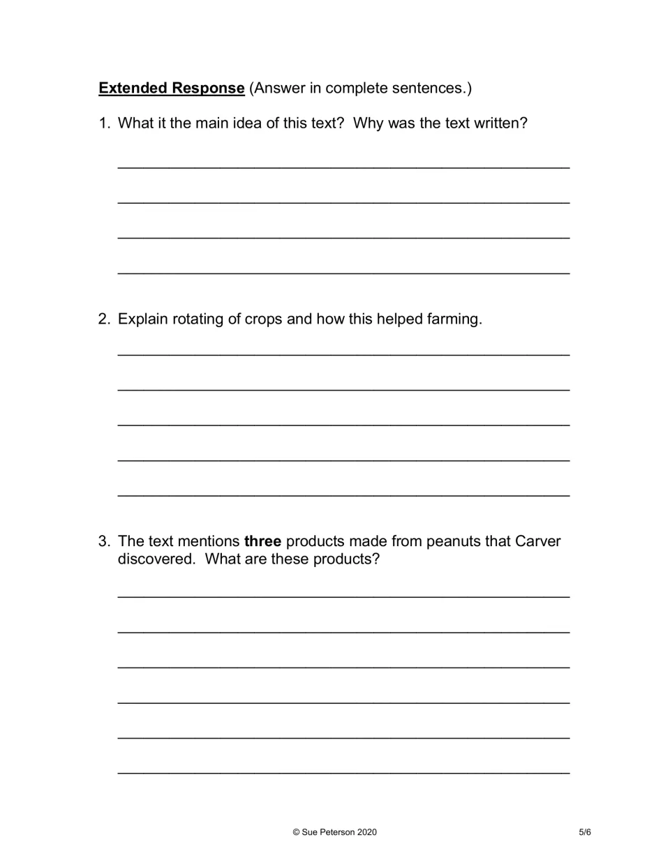 Carver extended response: students write the main idea, explain crop rotation and name three peanut products in sentences