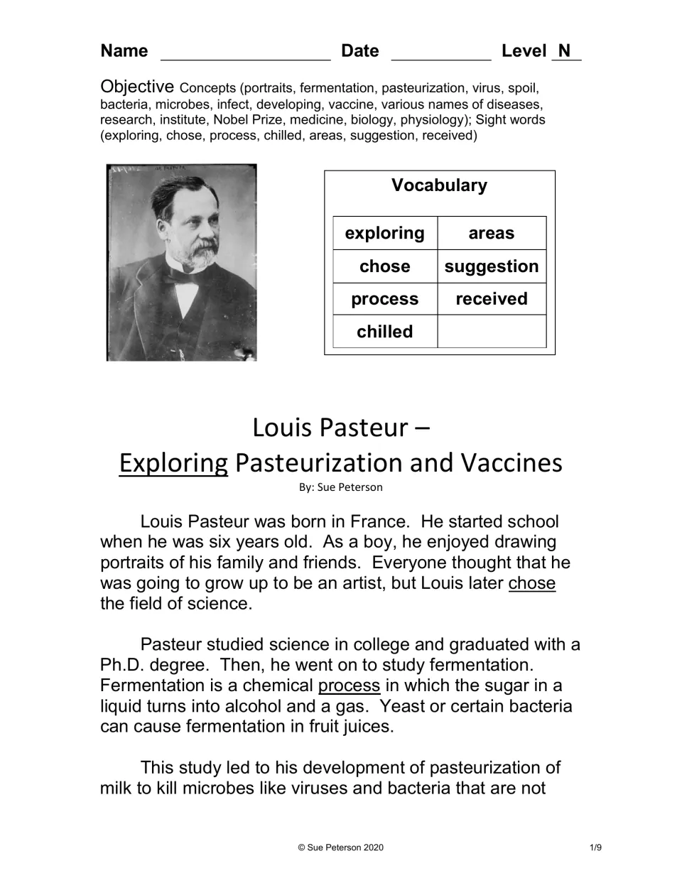 Biography opening: Pasteur's childhood, science studies, fermentation, and vocabulary including exploring