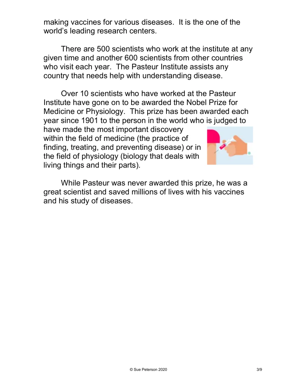 Biography conclusion: Pasteur Institute research, Nobel Prizes, medicine, physiology, and Pasteur's legacy