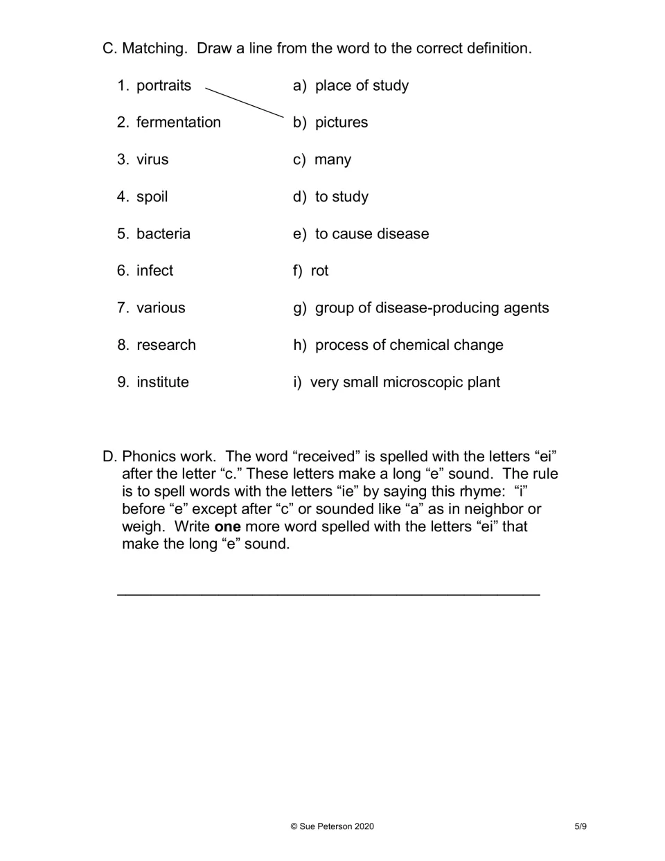 Vocabulary practice: match nine words to definitions, then find another ei word with the long e sound