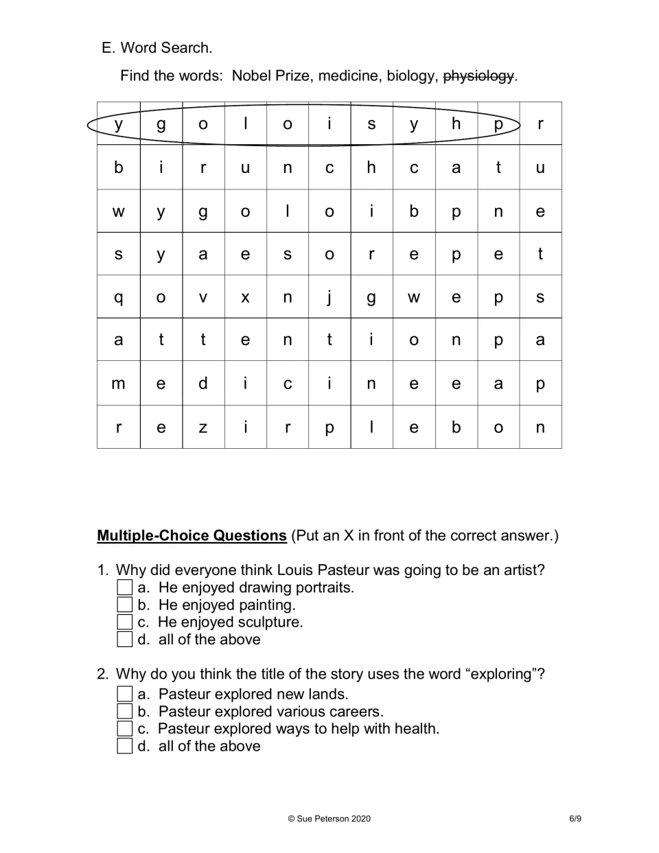 Word search for Nobel Prize, medicine, biology, and physiology; two questions on Pasteur's interests