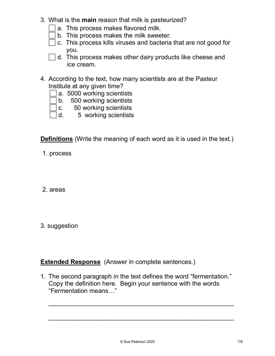 Reading practice: two multiple-choice questions, definitions of process, areas, and suggestion, and fermentation