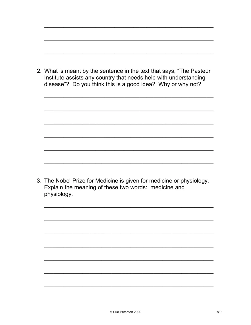 Extended responses: explain the Pasteur Institute's help to other countries and define medicine and physiology