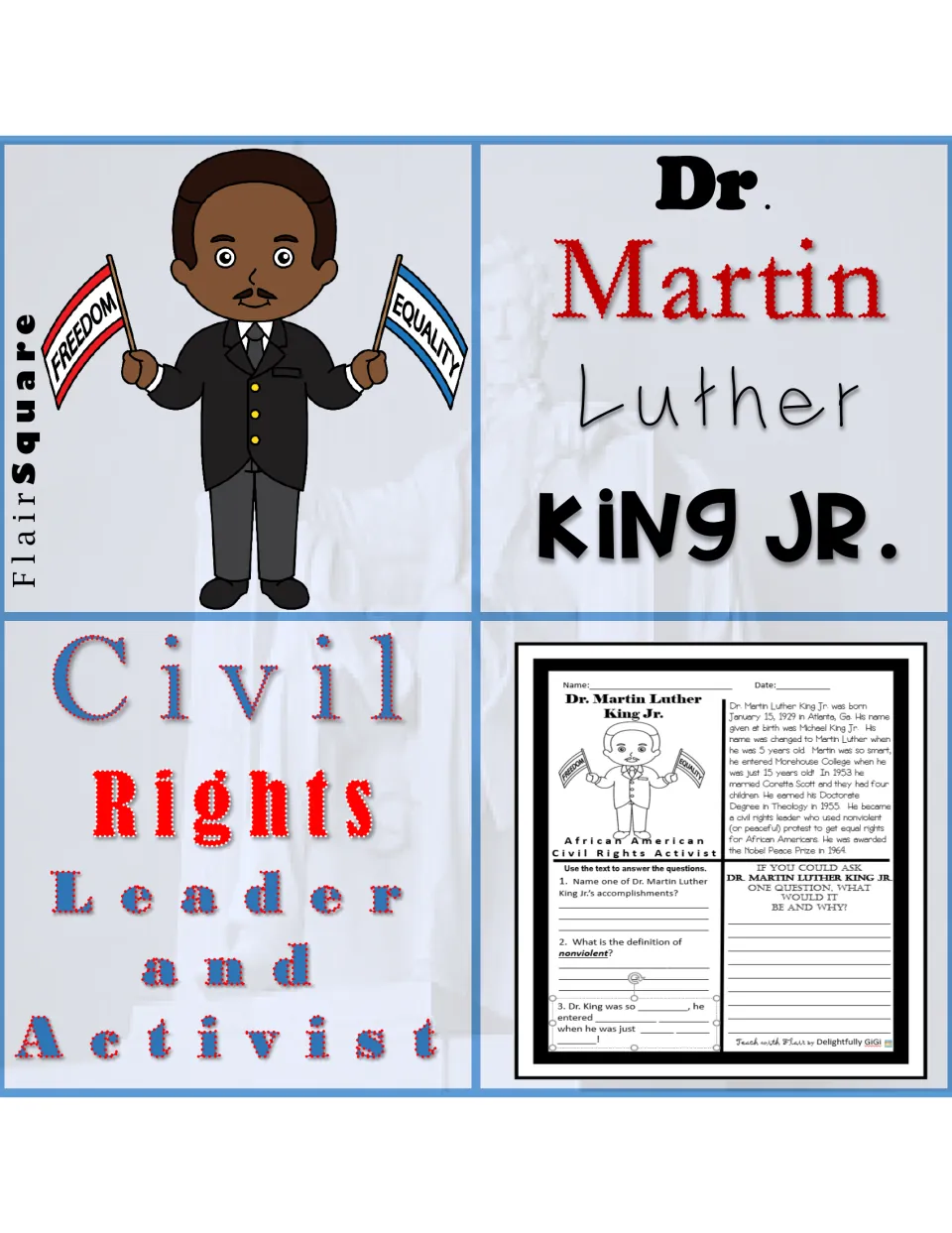 Cover: Dr. Martin Luther King Jr., Civil Rights Leader and Activist, with a cartoon of him and a worksheet preview