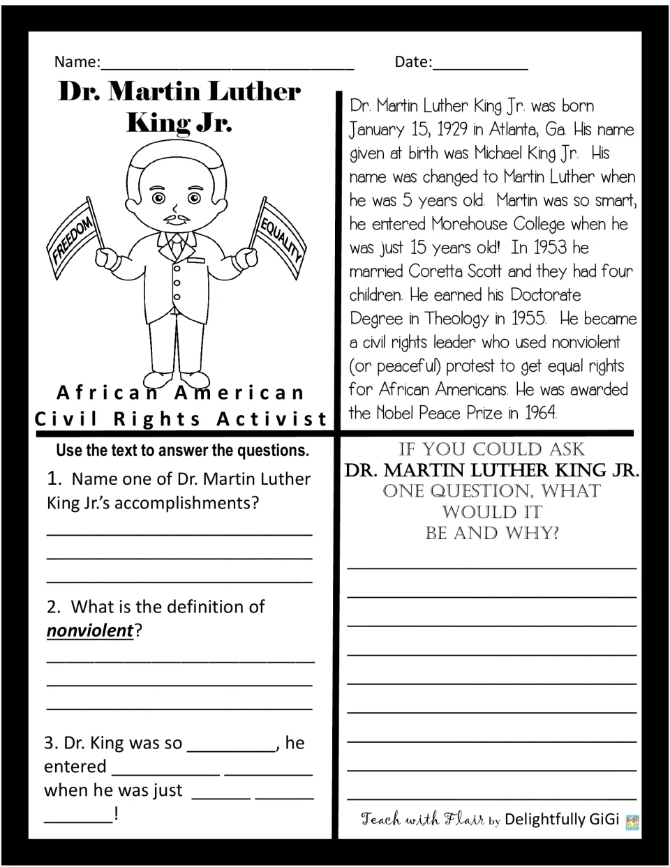 Dr. King reading passage: students answer text questions, define nonviolent, then write a question to ask him