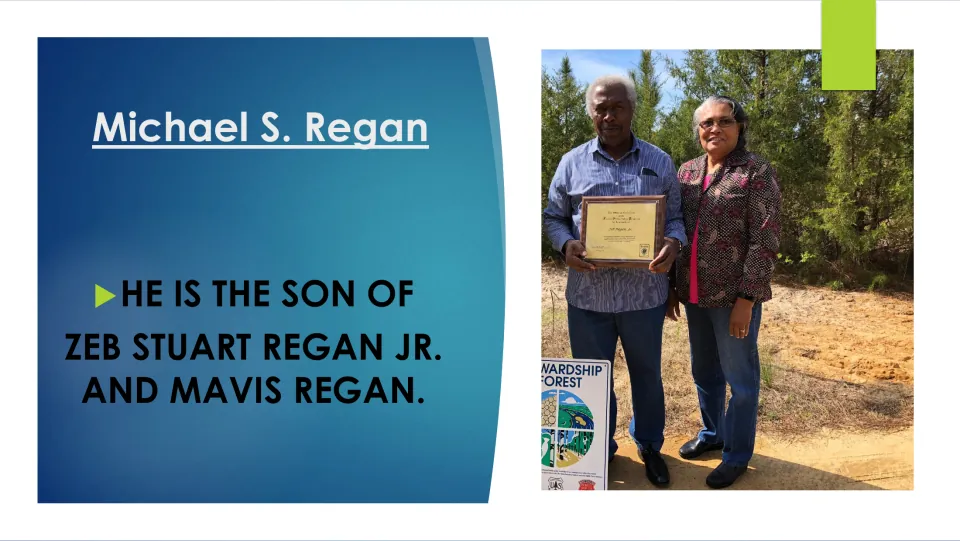 Biography slide naming Michael S. Regan’s parents, Zeb Stuart Regan Jr. and Mavis Regan, with their photo