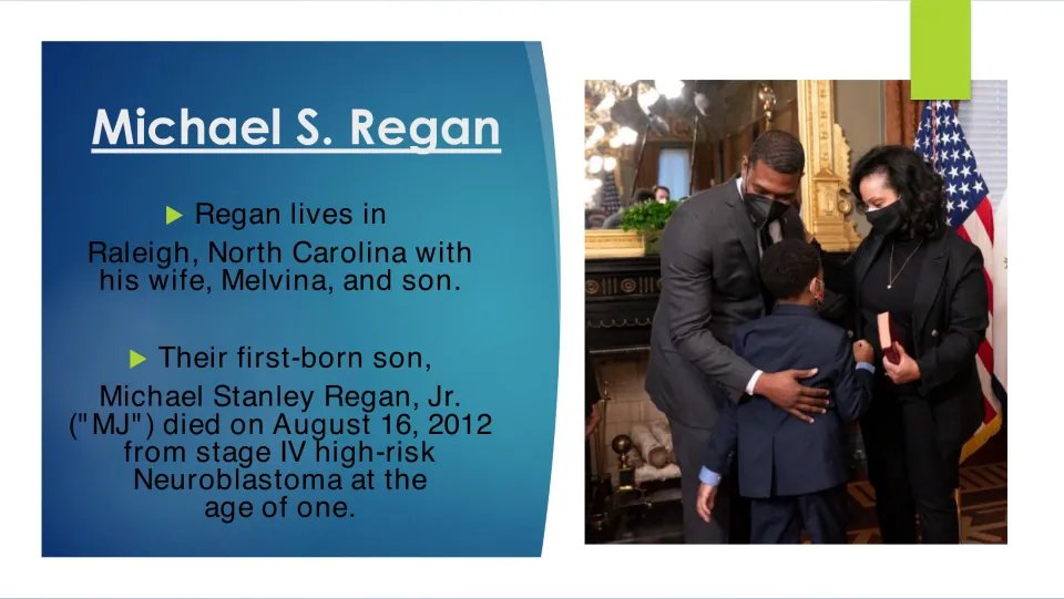 Biography slide about Regan’s wife, Melvina, and sons, including firstborn MJ’s death from neuroblastoma at age one