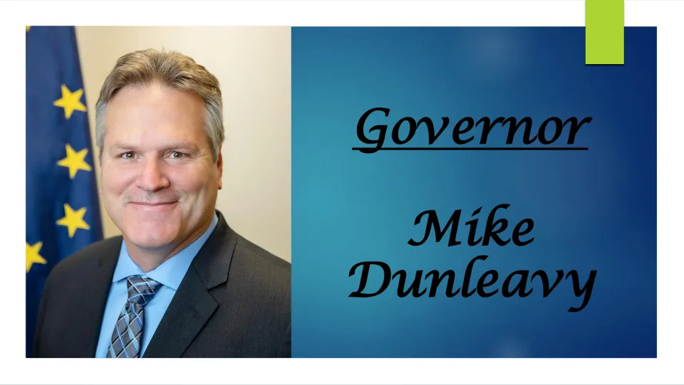 Biography presentation cover introducing Governor Mike Dunleavy, with his name, title, and portrait