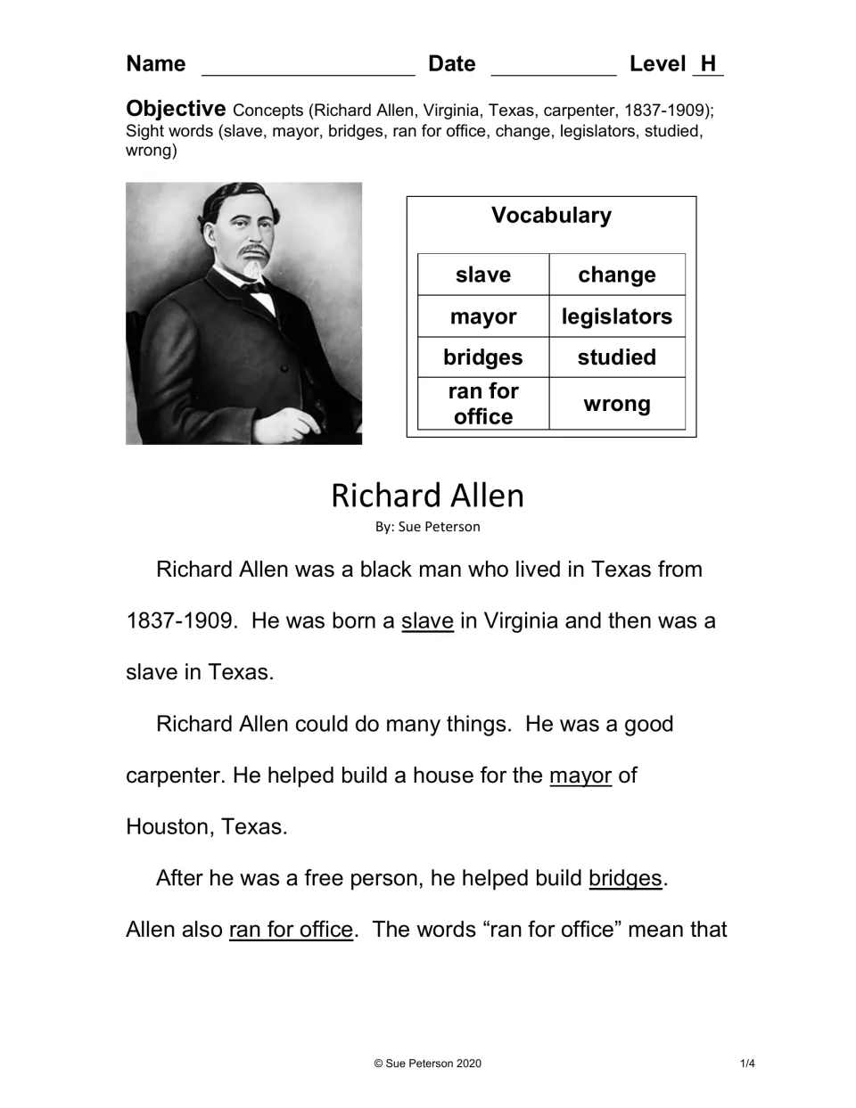 Reading passage on Allen's life as a slave in Virginia and Texas, carpenter and bridge builder, with a vocabulary word list