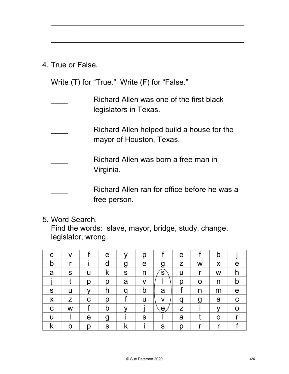 Comprehension check: students mark four statements about Allen true or false, then find seven story words in a word search