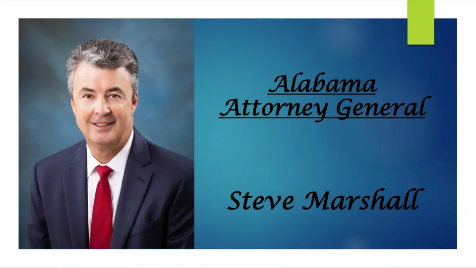 Biography presentation cover introducing Steve Marshall as Alabama Attorney General, with his portrait
