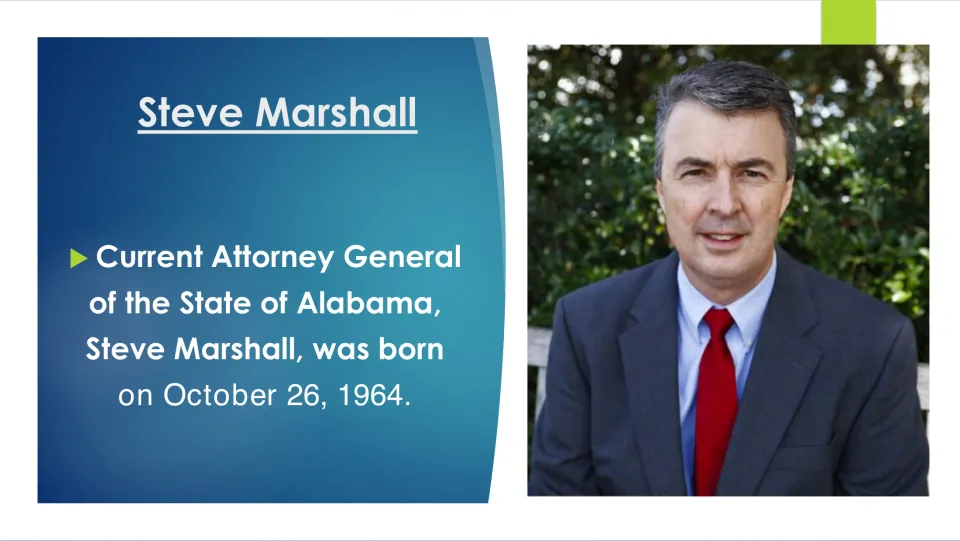 Biography slide identifying Steve Marshall as Alabama Attorney General and giving his birth date, October 26, 1964