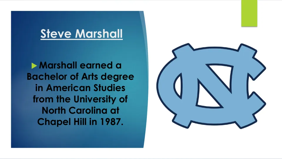 Biography slide on Steve Marshall's 1987 Bachelor of Arts in American Studies from UNC at Chapel Hill