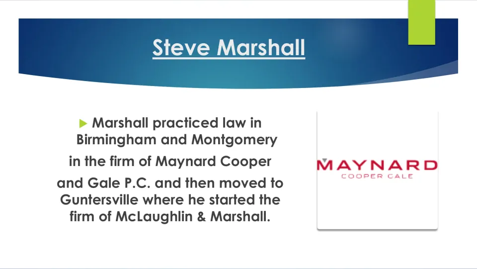 Biography slide tracing Steve Marshall's legal practice from Maynard Cooper and Gale to McLaughlin & Marshall