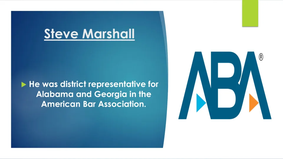 Biography slide on Steve Marshall's role as American Bar Association district representative for Alabama and Georgia
