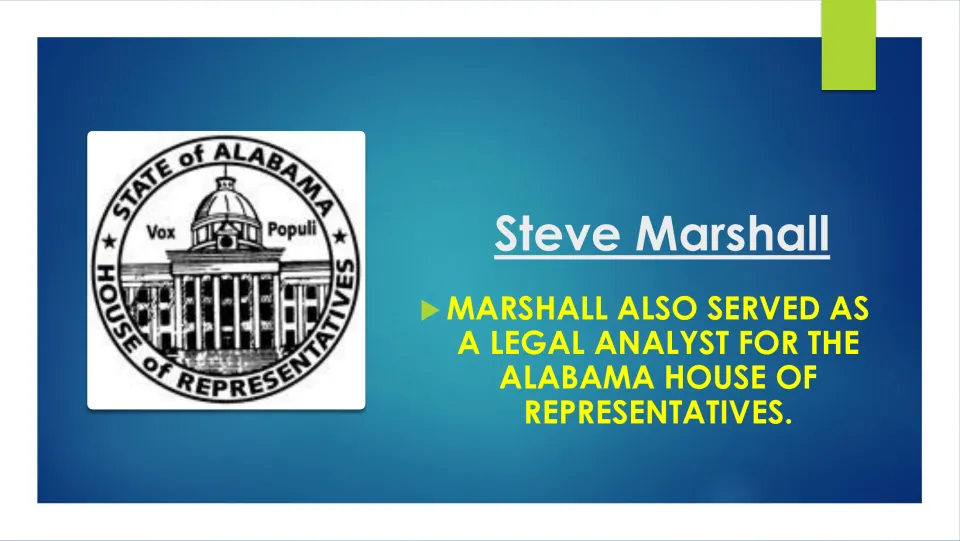 Biography slide describing Steve Marshall's service as a legal analyst for the Alabama House of Representatives