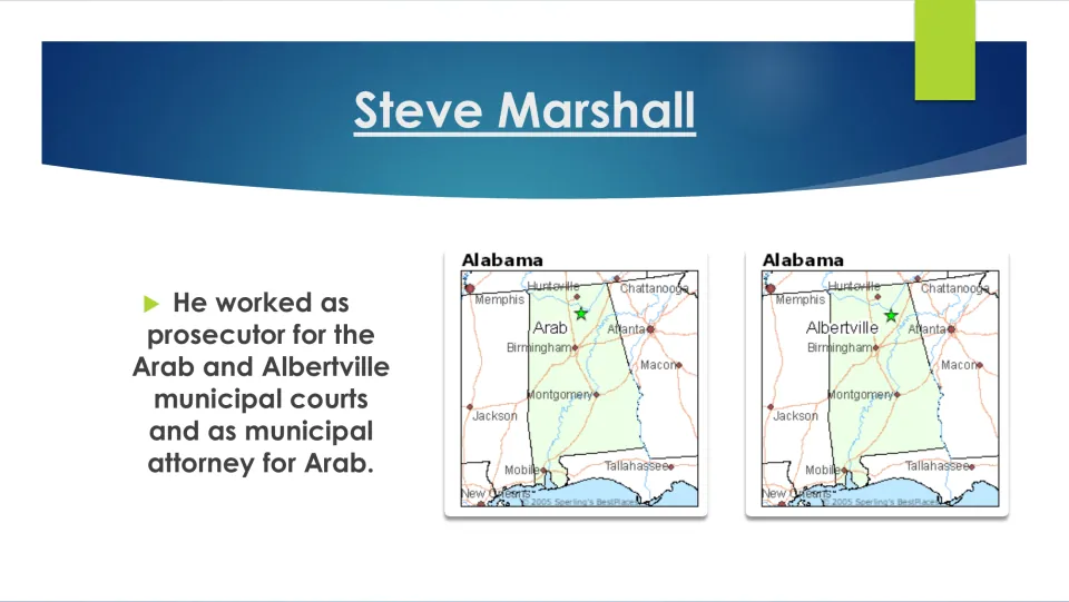 Biography slide on Steve Marshall's work as prosecutor for Arab and Albertville and municipal attorney for Arab