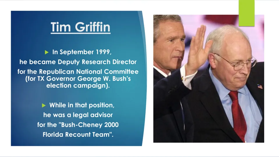 Career slide covering Griffin's 1999 RNC deputy research role and legal work on the 2000 Florida recount