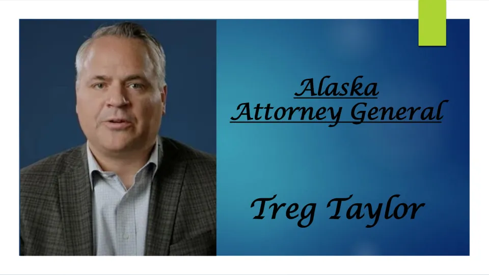 Title slide: Alaska Attorney General Treg Taylor, with a portrait photo introducing this biography slideshow