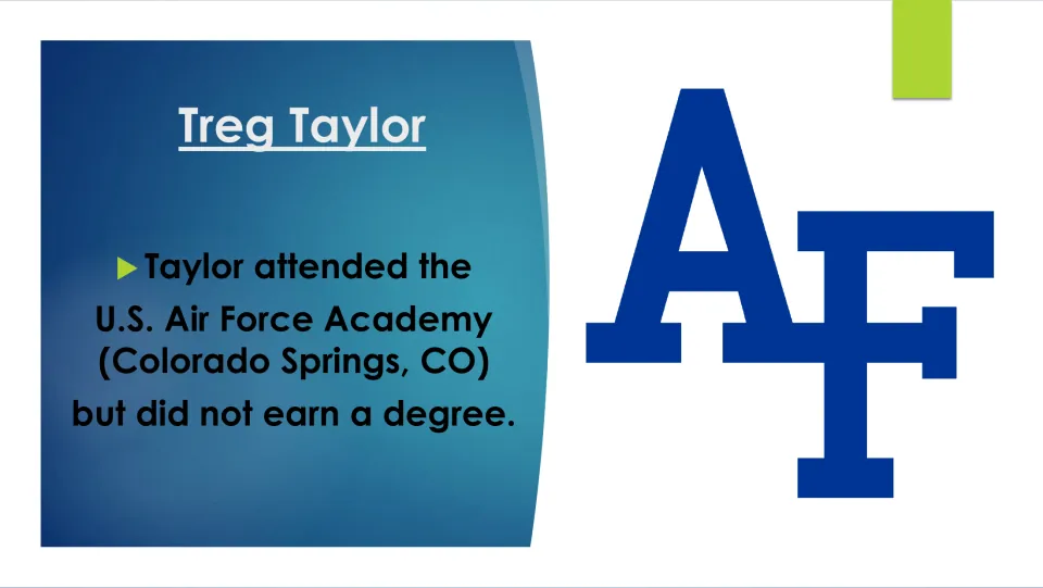 Education slide: Taylor attended the U.S. Air Force Academy in Colorado Springs but did not earn a degree; AF logo shown