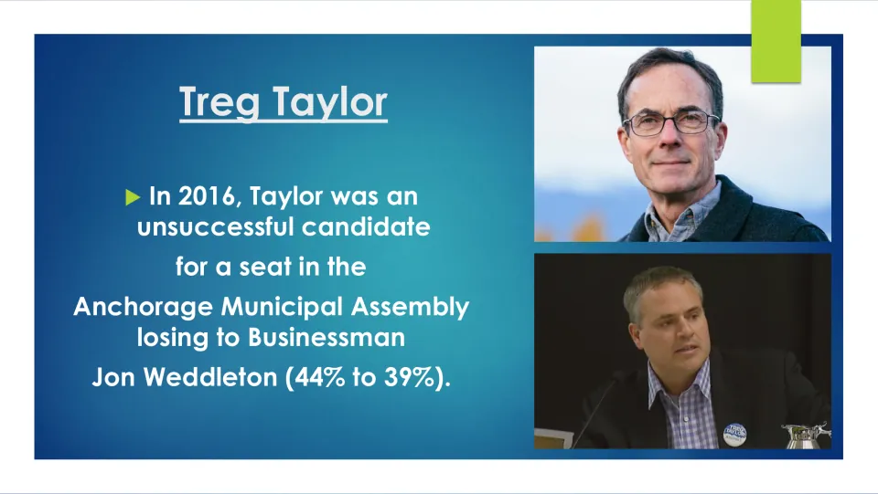 Election slide: in 2016 Taylor lost a race for Anchorage Municipal Assembly to Jon Weddleton, 44% to 39%, with two photos