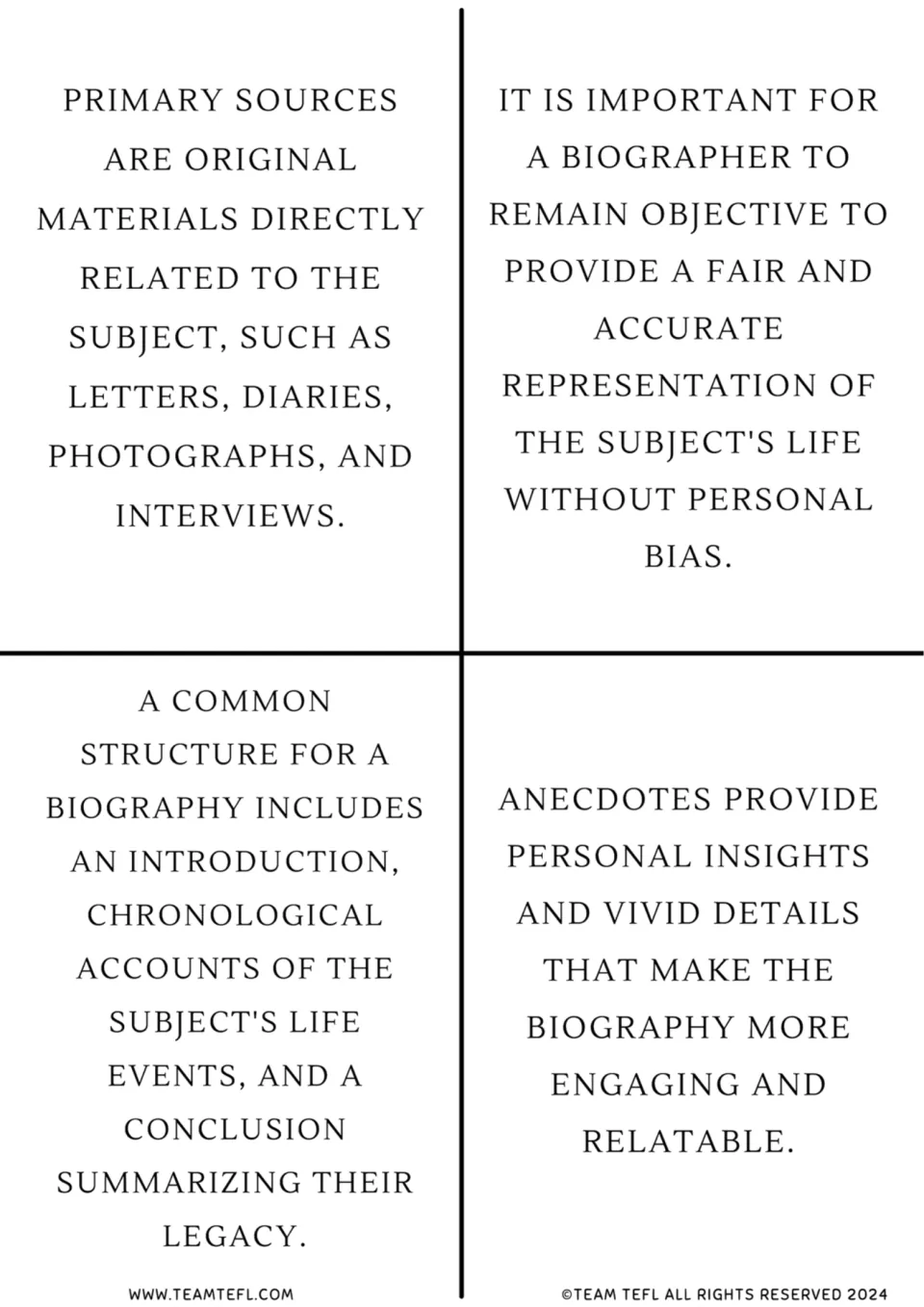 Biography flashcards 9–12: primary sources, objectivity, chronological structure, and anecdotes