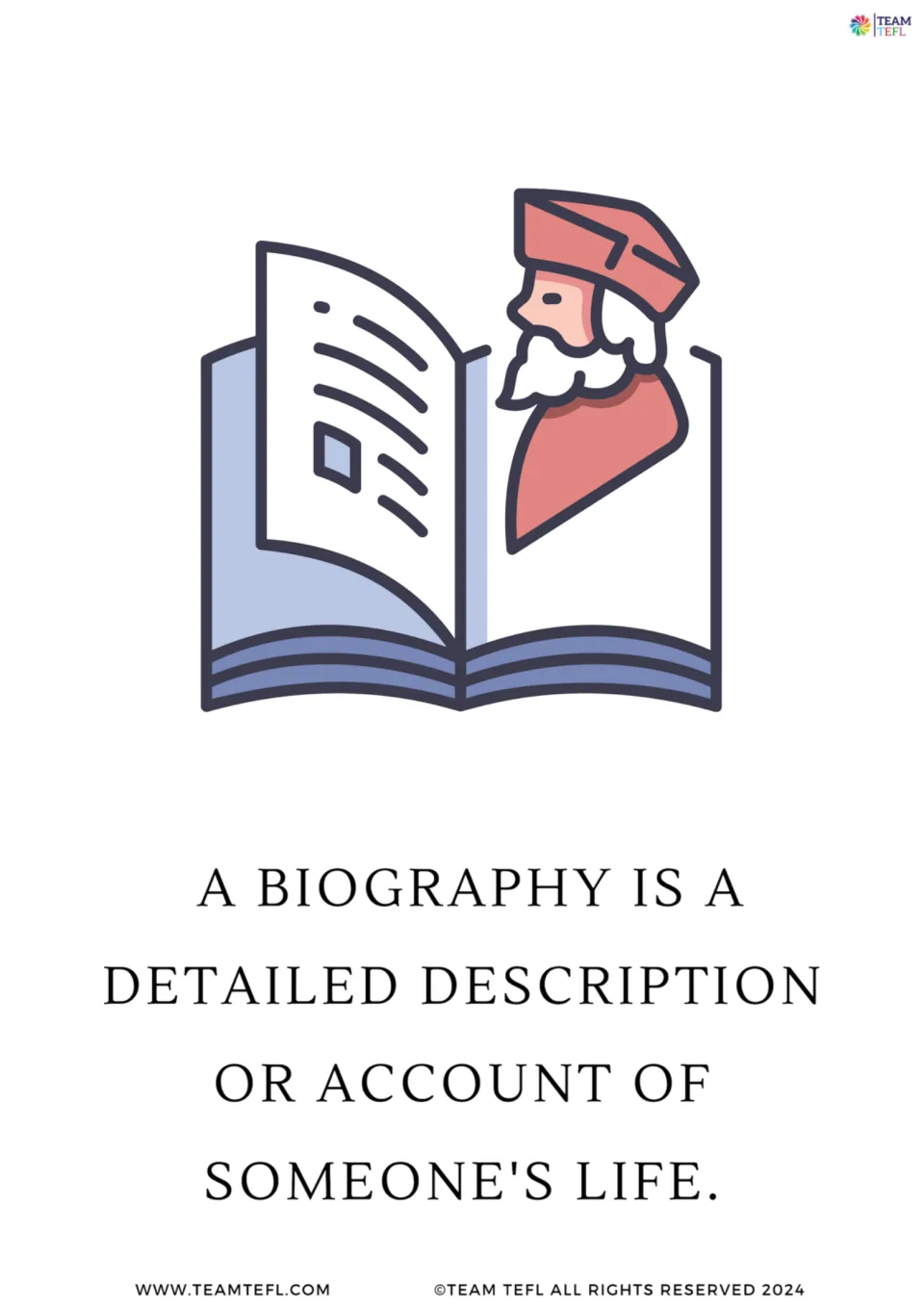 Enlarged biography flashcard 1: a biography is a detailed description or account of someone's life