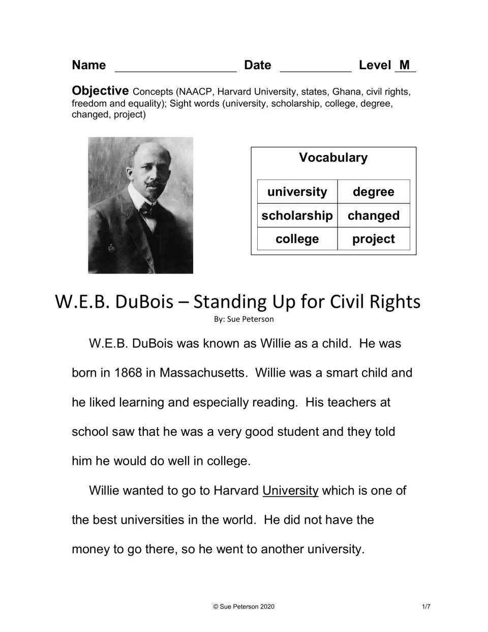 Biography opening introduces DuBois's childhood and college goals, plus six vocabulary words to study